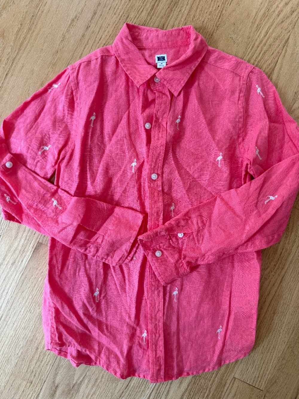 Janie and Jack Boy Size 8 Salmon Flamingo Embroidered Linen Shirt Top